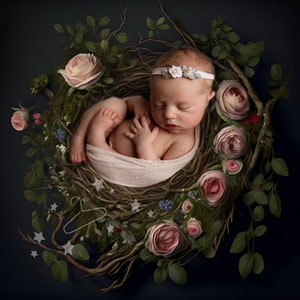 Newborn Digital Backdrop, Nest with roses + twigs