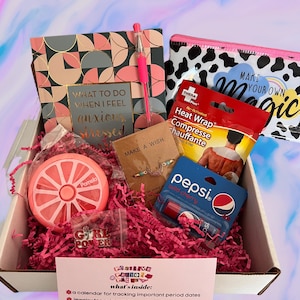 Positive Period Packs GUIDED JOURNAL Period Starter Kit, Trendy Curated Gift Box, Unique and Fun Items! 8 Gifts, Pamper Box