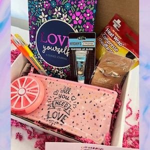 Positive Period Packs LOVE YOURSELF Teen Period Starter Kit, Trendy Curated Gift Box, Unique and Fun Items! 10+ Gifts, Pamper Box