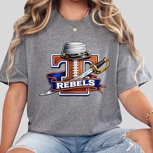 Tolsia Rebels Football PNG, Football Design, Rebels Football Spirit Wear, Orange Blue School Mascot PNG, Game Day Football Shirt Graphic