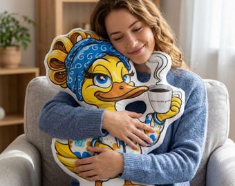 Cute  Duck With A Coffee Cup Custom Shaped Pillow, Duck with Headscarf and Mug, Funny Duck, Zero Ducks Given, Gag Gift Idea