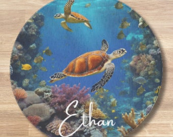 Personalized Round Area Rug, Original SeaWorld Design, Turtles And Fish Rug, Boys And Girls Custom Name Rug