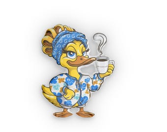 Almohada personalizada con forma de pato adorable con taza de café, pato con pañuelo en la cabeza y taza, pato gracioso, me da igual, idea de regalo de broma