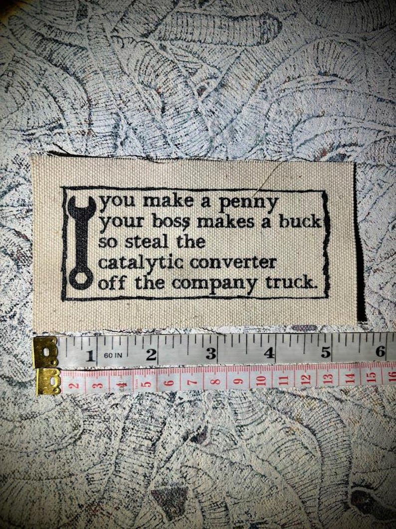 anti-work, anti-grind, anti-capitalist poem sew on punk patch natural w/black ink