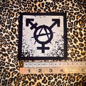 Trans anarchy, gender anarchy sew on punk patch black w/white ink