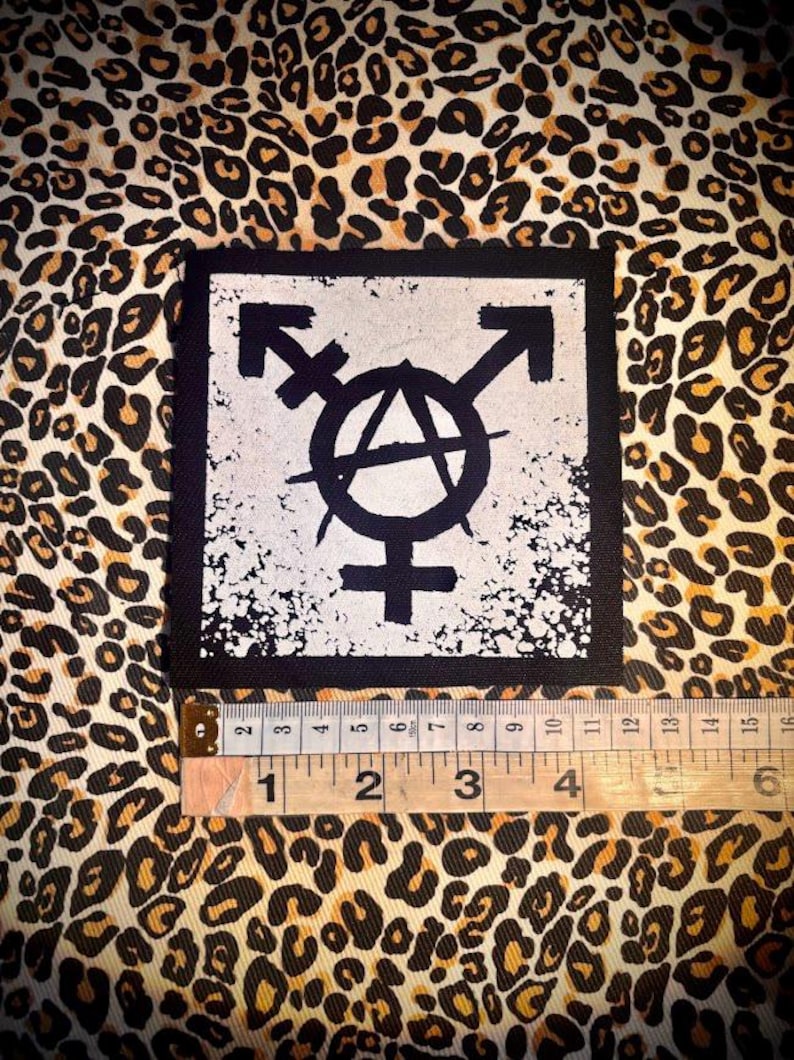 Trans anarchy, gender anarchy sew on punk patch black w/white ink