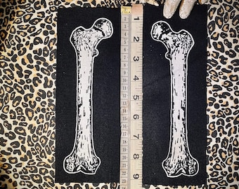 Human femur bone patch. Large sew on patch for punk battle vests, boney crusty pants, horror goth backpacks