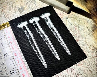 punk patch | three coffin nails | crust punk | rusty | cloth patch | horror witchy | occult goth | antique nail spikes | train hopper | hobo