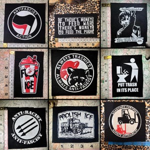 various antifascist and antiracist punk patches. screen printed and hand made