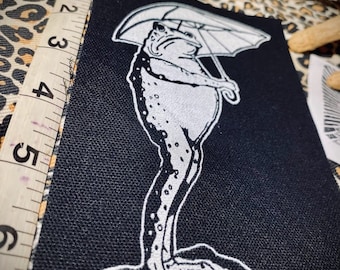 Sad frog holding an umbrella in the rain sew on patch. Large standing frog. silk screened, hand made, animals, crust punk, cottagecore