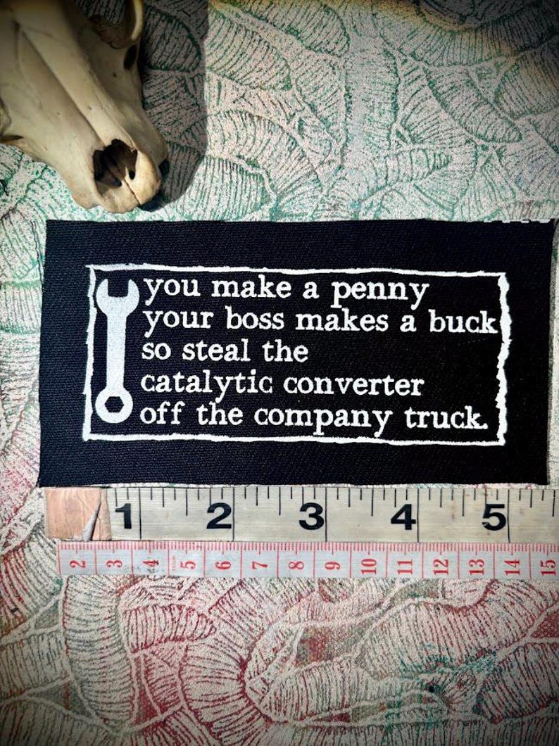 anti-work, anti-grind, anti-capitalist poem sew on punk patch black w/white ink