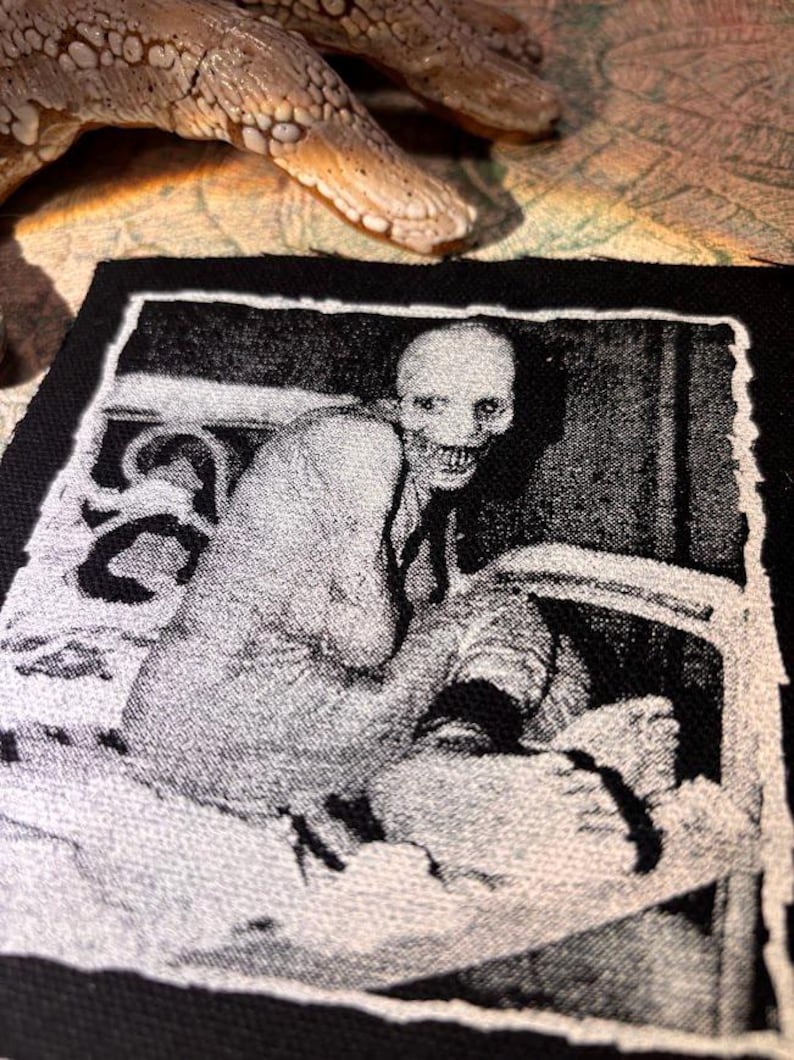 Puede incluir: Parche en blanco y negro que representa una figura esquel&eacute;tica con una amplia sonrisa, sentada en una silla. El parche tiene un borde negro y probablemente est&aacute; hecho de tela. Una serpiente bronceada y texturizada es parcialmente visible en el fondo.