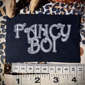 fancy boi sew on punk patch, for fancy crusty punk vests and metal jackets. hand made, silk screened, LGBTQIS2s, queer stuff!