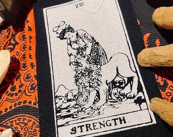 Strength Tarot Card sew on patch for occult punk battle vests, crusty witchy pants, horror goth backpacks. Rider Waite