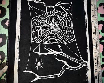 Spider on their web back patch. Halloween style patch for crusty goth vests, and spooky horror jackets