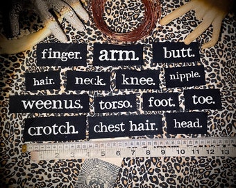 Body part labels, mini punk sew on patches