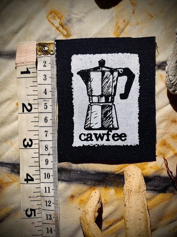 mini moka pot that says cawfee Brooklyn New York punk patch