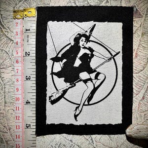 punk patch | Pinup witch on a broom | cloth patch |  for crusty battle vests, pants, horror goth backpacks, Halloween, spooky season