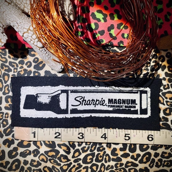 Sharpie magnum sew on patch. life size marker pen for tagger punk battle vests, graffiti artist crusty overalls, horror goth backpacks