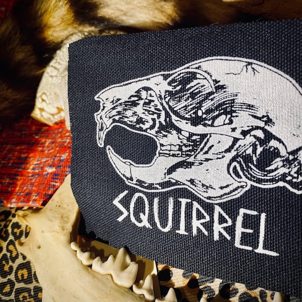 Squirrel skull sew on patch. for animal loving crusty punk battle jackets, horror goth vests. rodents, woodland creatures.