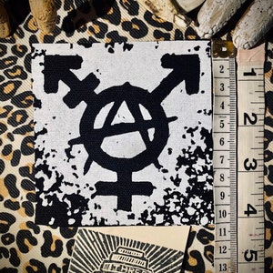 Trans anarchy patch. For crusty punk vests, pants, horror goth backpacks. Inclusive, trans-rights, anarchist, leftist, LGBTQ2IA+