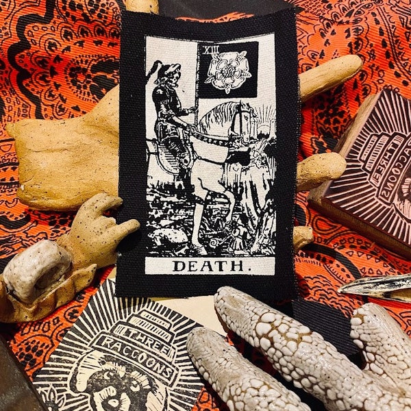 Death tarot card sew on patch. Hand made crusty patch for punk vests, witchy bags, goth horror backpacks,