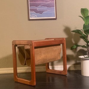 Danish Modern Teak and Suede Magazine Holder