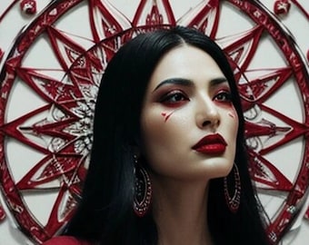 Puede incluir: Una mujer con el pelo largo y negro y labios rojos lleva un vestido rojo con un escote pronunciado. Lleva un collar plateado con un colgante de estrella. Está de pie frente a un mandala rojo y blanco.