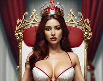 Puede incluir: Una mujer con un corsé blanco con ribetes rojos y una corona dorada se sienta en un trono rojo y dorado.