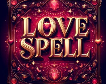 May include: A gold and red illustration of the words "LOVE SPELL" in a decorative frame with hearts, stars, and other magical elements.