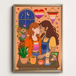 Lámina artística de Lesbian WLW: decoración de pared LGBTQ saludable, descarga digital, ilustración de amor sáfico, decoración de habitación del orgullo, póster de arte queer encantador