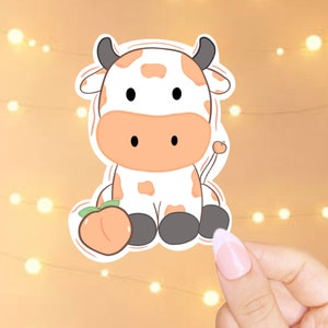 Autocollant de vache pêche kawaii, animal de ferme mignon, autocollant rose pour ordinateur portable cadeau, autocollant étanche, esthétique de vache fraise, autocollant de bouteille d'eau Boho