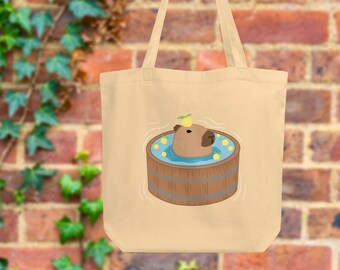 Capybara Yuzu Bath Kawaii Tote Bag, Cute Animal Cartoon Cottagecore Purse, School Bag, Boho Market Bag, Goblincore Aesthetic Shopping Bag