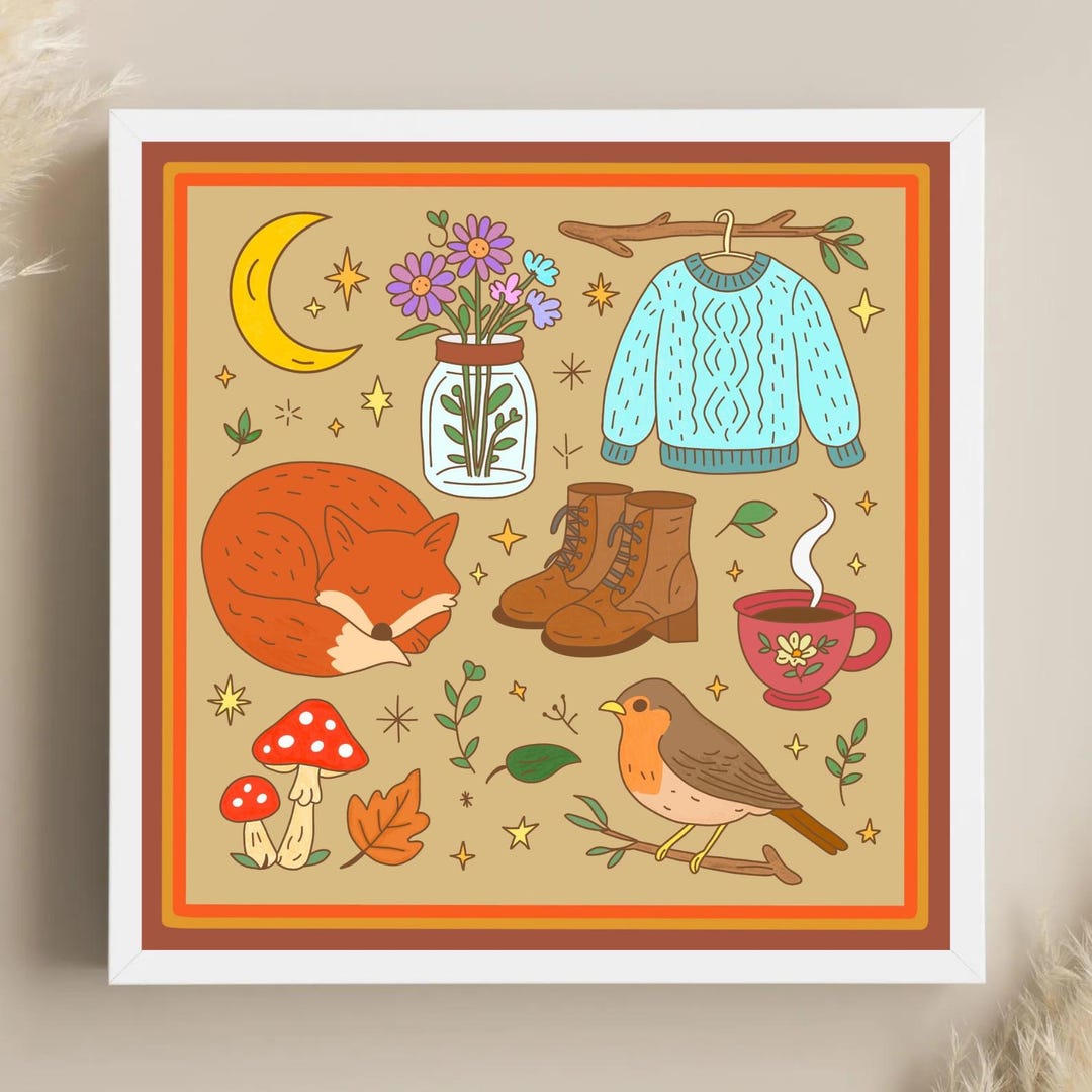 Cottagecore Fall Digital Print | Cozy Autumn Wall Art With Fox, Sweater ...
