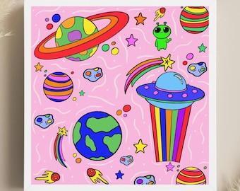 Kawaii Space Wall Art Printable | Cute Alien Planet Galaxy Decor | Colorful Outer Space Digital Download | Kids Room Nursery Art Print