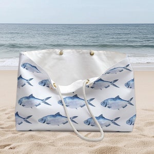 Personalisierte blaue Fisch-Strandtasche, Schwimmen-Fisch-große Strandtasche mit individuellem Namen, Sommerferien-Bootstasche, große Pool-Tasche