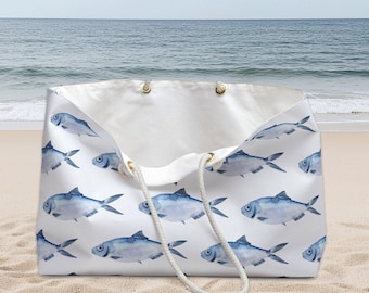 Gepersonaliseerde strandtas blauwe vissen, grote strandtas voor zwemmende vissen met aangepaste naam, draagtas zomervakantieboot, grote zwembadtas