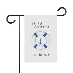 Nautische welkomsthuisbanner, gepersonaliseerde naam dubbelzijdige tuinvlag, welkomstdecoratie strandhuis buiten, decoratie meerhuis