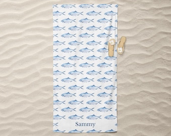 Personalized Blue Fish Beach Towel, Swimming Fish Blue Pattern Pool Towel, Fishing Lover Custom Name Summer Vacation Towel