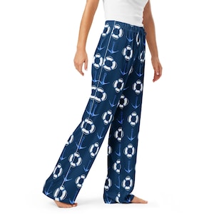Blauwe damespyjamabroek met anker, lange maritieme pyjamabroek, nautische nachtkledingbroek, pyjamabroek varen