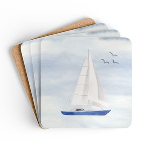 Sail Boat Corkwood Drink Coasters, Set of 4 Watercolor Sailing Boat Drink Coasters,  Nautical Cork Backed Drink Coasters, Beach House Decor