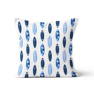 Surfs Up Surfboard Cushion Cover, Coastal Surfboard Throw Pillow Cover, Beach House Decor
