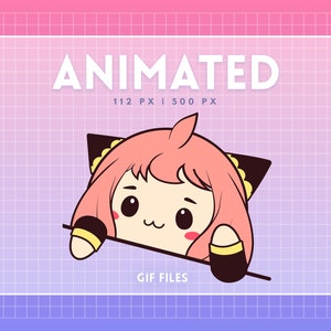 May include: Animated GIF files of a pink-haired cartoon character with cat ears peeking over a white banner. The banner reads "ANIMATED 112 PX | 500 PX GIF FILES".