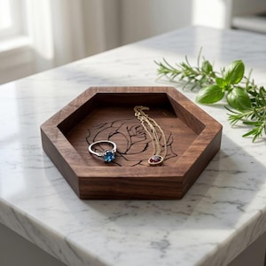 Engraved Walnut Hexagon Tray: Custom Ring & Key Dish