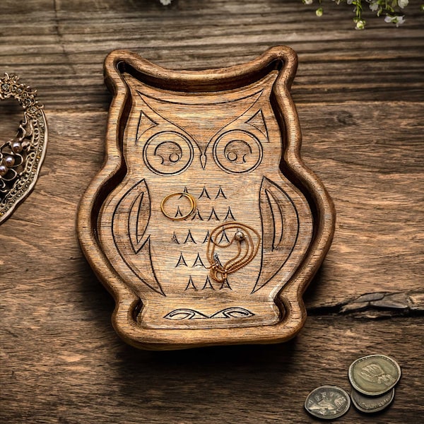 Owl Catch All Tray, valet tray, ring tray, 5th anniversary gift, hardwood tray, walnut, cherry, ash
