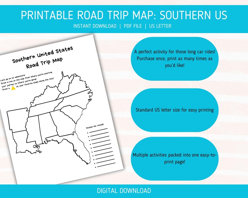 Southern US Road Trip Map Printable | Southern USA Travel Planner