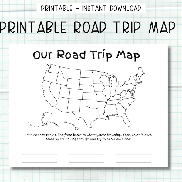 Printable Road Trip Map, Kid's Road Trip Activity, Instant Download Road Trip Worksheet