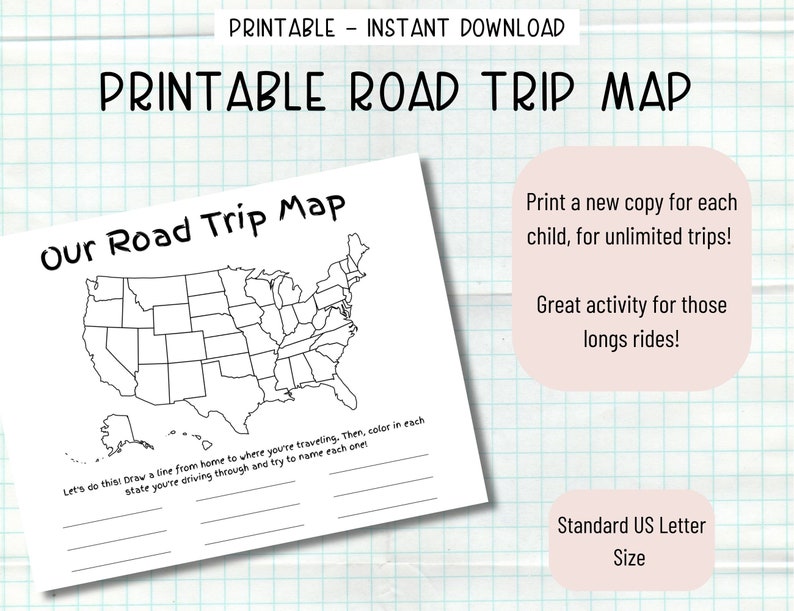 Printable Road Trip Map, Kid's Road Trip Activity, Instant Download