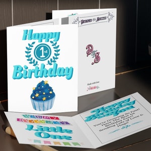 Blaue erste Geburtstagskarten (8, 16 und 24 Stück) | 1. Geburtstag-Karten des Babys