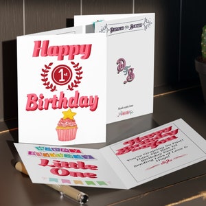 Biglietti di auguri rosa per il primo compleanno (8, 16 e 24 pezzi) / Pacchetto biglietti di auguri per il primo compleanno